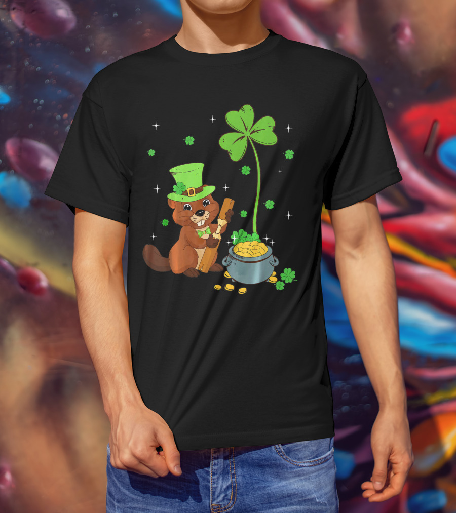 Shamrock-Leprechaun Beaver With Pot Of Gold And Clover For St Patricks T-Shirt