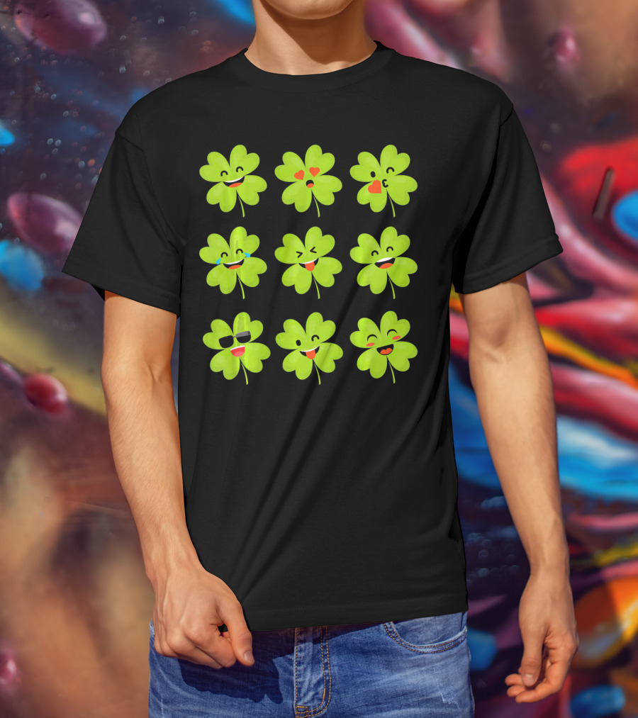 Four Leaf Clover Emojis Funny Saint Patrick's Day Smiley Faces T-Shirt