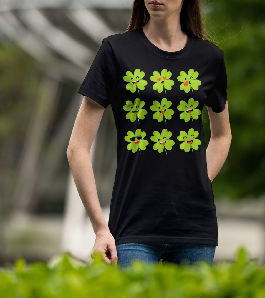 Four Leaf Clover Emojis Funny Saint Patrick's Day Smiley Faces T-Shirt