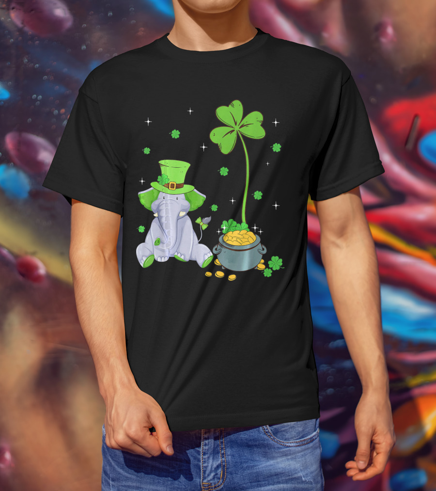 Shamrock Leprechaun Elephant St Patricks Pot Of Gold T-Shirt