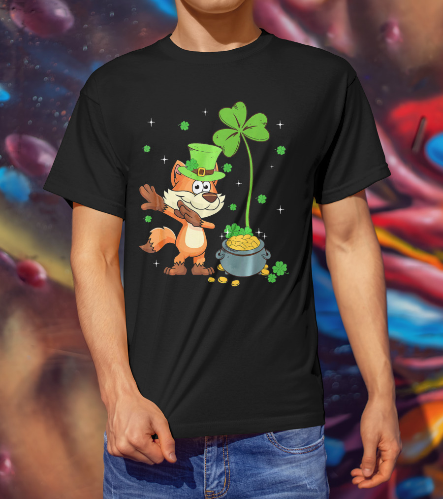 Shamrock Leprechaun Fox With Clover And Pot Of Gold T-Shirt