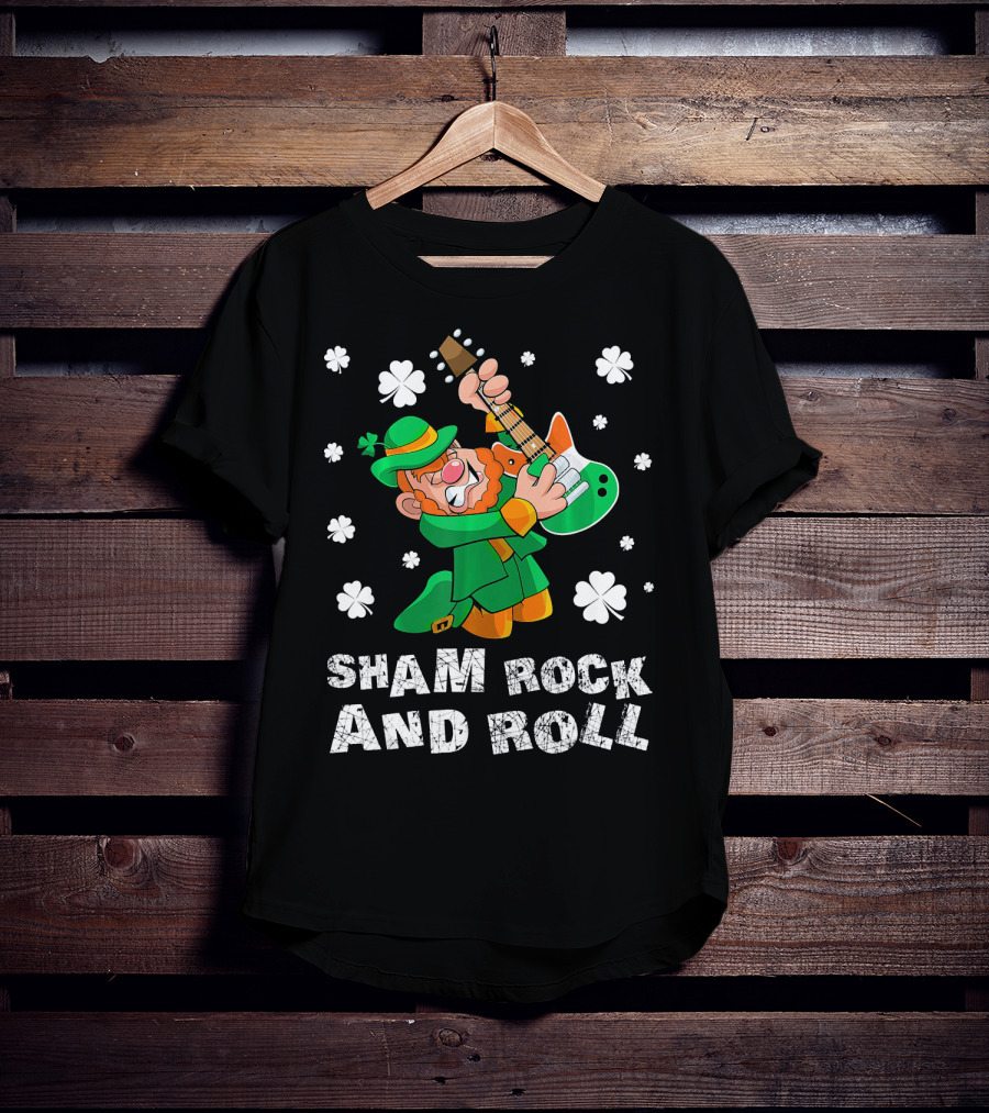 Sham Rock And Roll Leprechaun Playing Guitarist St Patricks Clover T-Shirt