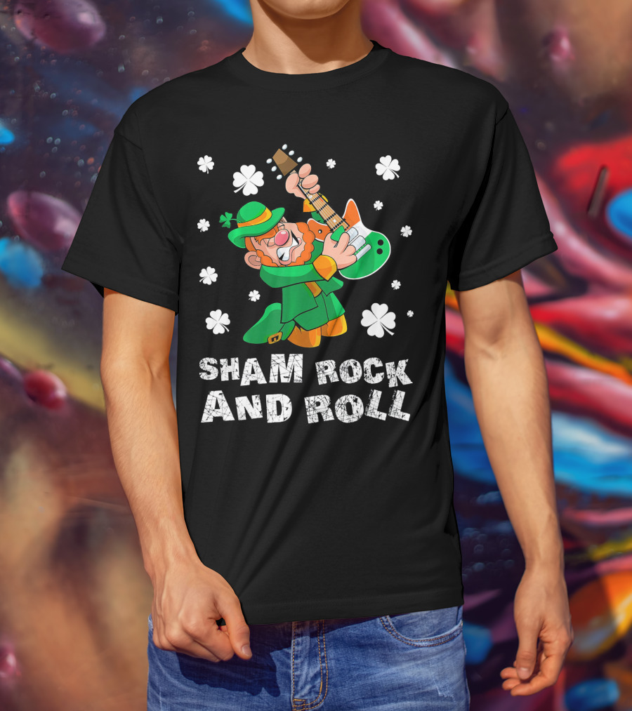 Sham Rock And Roll Leprechaun Playing Guitarist St Patricks Clover T-Shirt