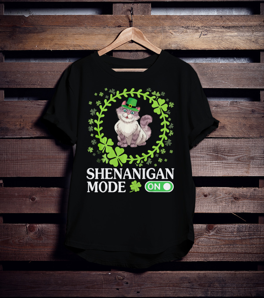 Shenanigan Mode On With Leprechaun Cat In Shamrocks Circle T-Shirt