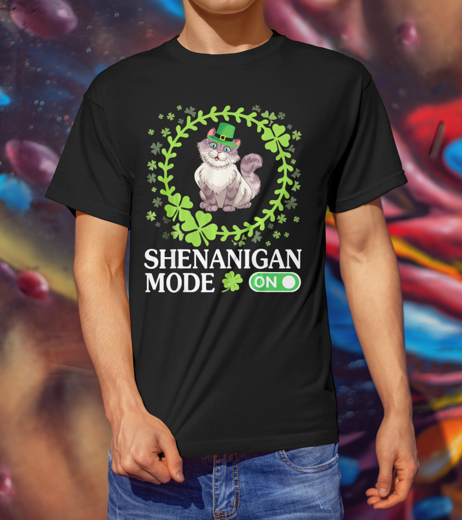 Shenanigan Mode On With Leprechaun Cat In Shamrocks Circle T-Shirt