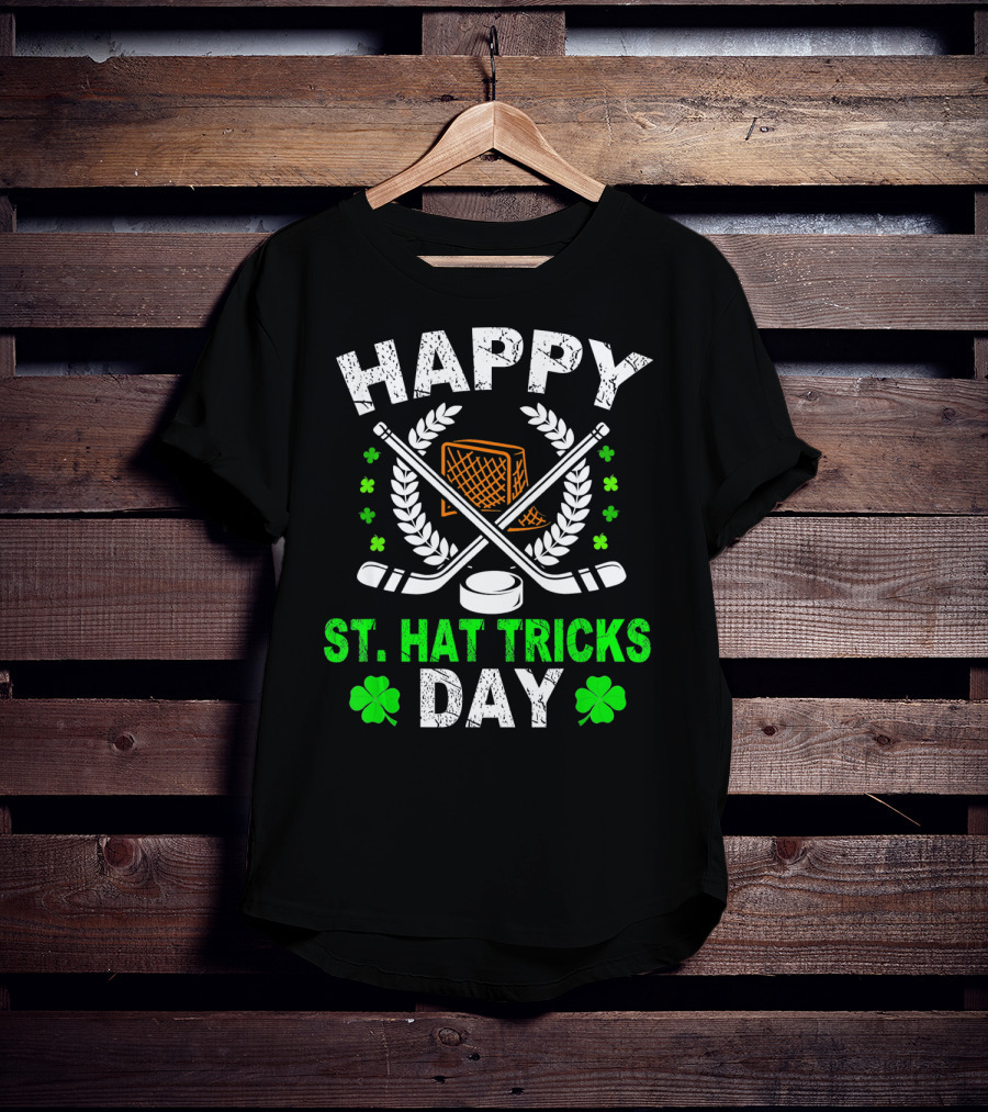 Happy St. Hat Tricks Day Hockey St. Patrick's Day Shamrocks And Sticks T-Shirt