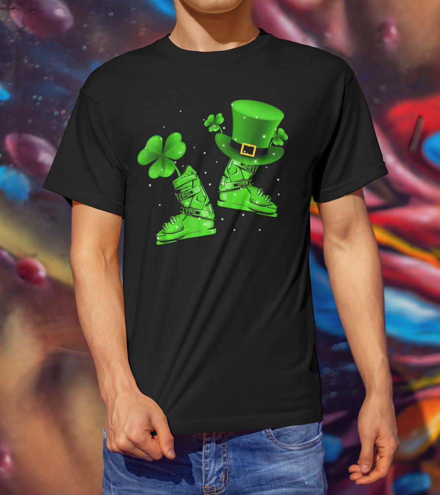 Shamrock Leprechaun Hat With Green Ski Boots T-Shirt