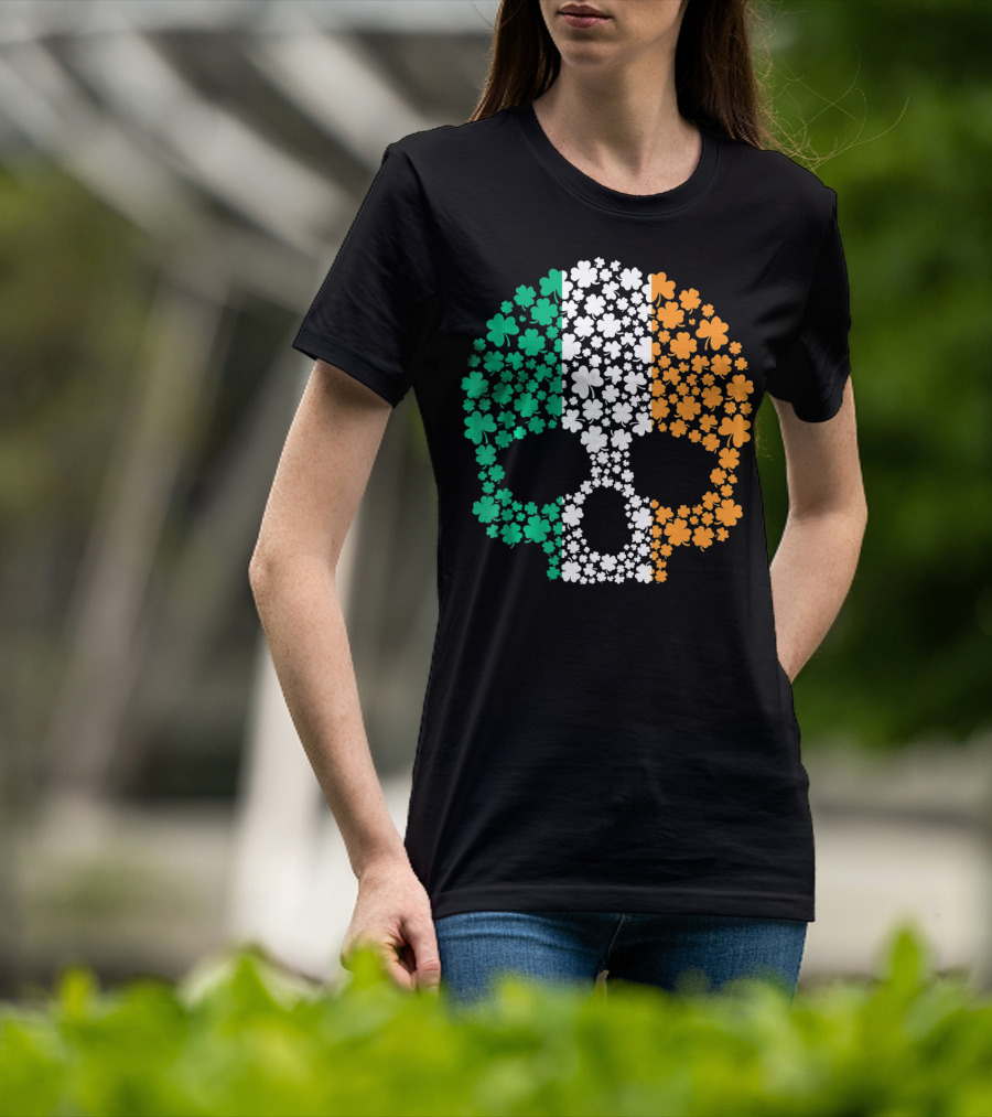 Irish Shamrock Skull With Tricolor Pattern For St. Patrick's Day T-Shirt