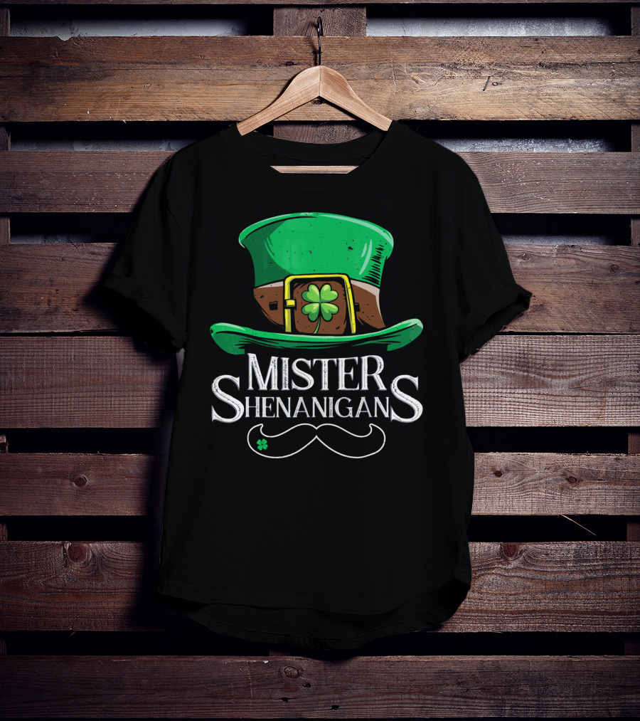 Mister Shenanigans St Patricks Hat With Clover And Mustache T-Shirt