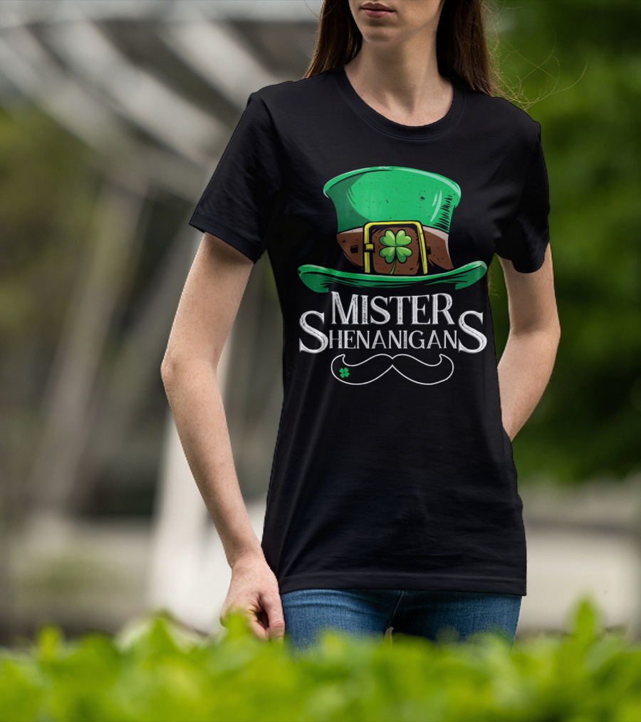 Mister Shenanigans St Patricks Hat With Clover And Mustache T-Shirt