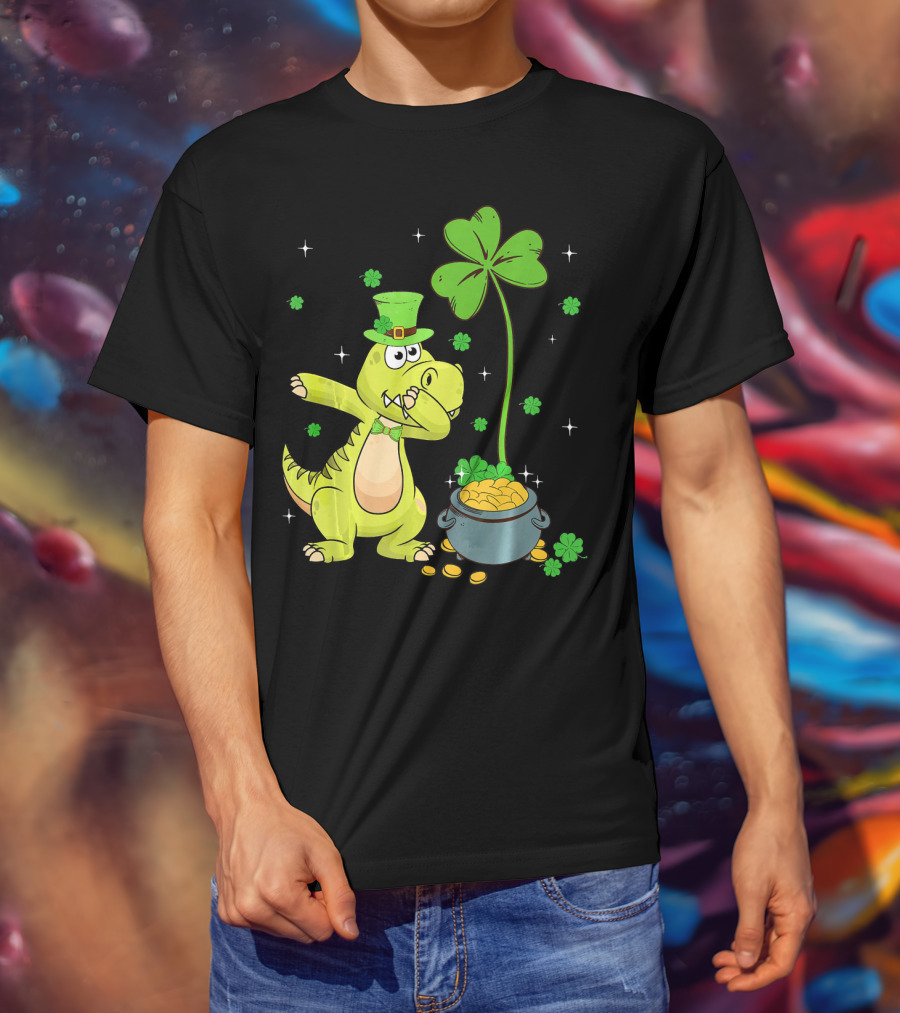 Shamrock Dabbing Dinosaur Leprechaun Gold Pot St Patricks T-Shirt