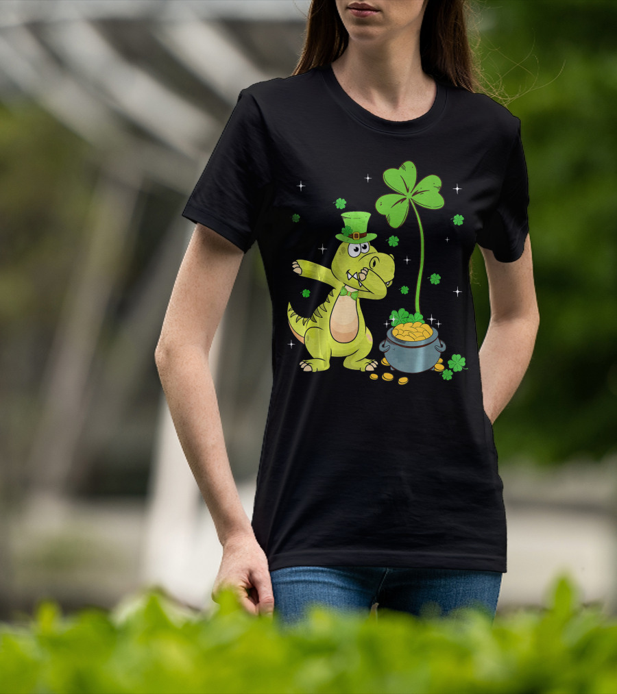 Shamrock Dabbing Dinosaur Leprechaun Gold Pot St Patricks T-Shirt