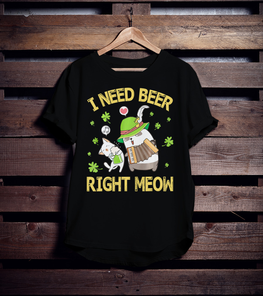 I Need Beer Right Meow Cat And Leprechaun Drinking And Dancing T-Shirt