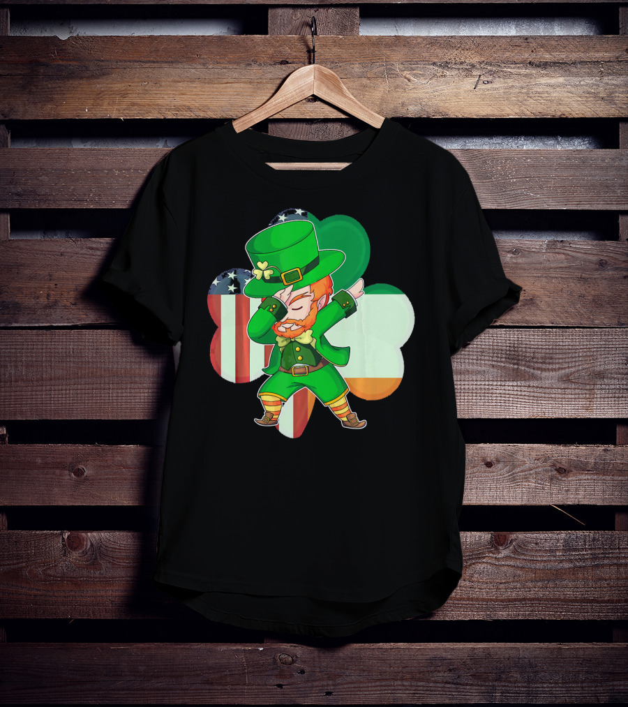Funny Dabbing Leprechaun Shamrock American Irish Flag T-Shirt