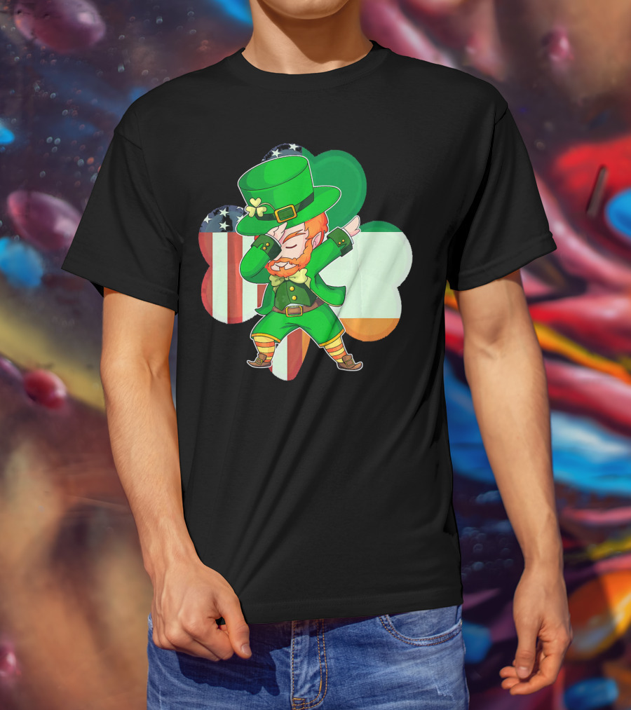 Funny Dabbing Leprechaun Shamrock American Irish Flag T-Shirt