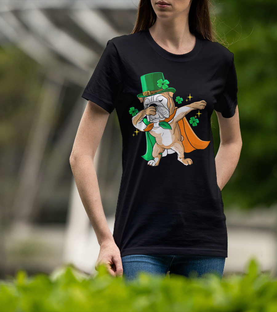 Irish Bulldog Dabbing Leprechaun With Shamrocks T-Shirt