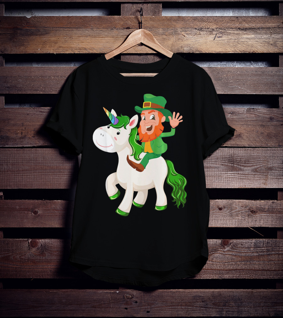Unicorn Leprechaun Celebration Characters Green Hat And Red Beard Riding Playful Creature T-Shirt