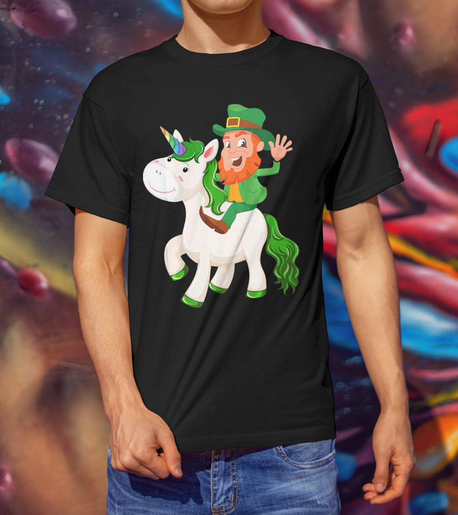 Unicorn Leprechaun Celebration Characters Green Hat And Red Beard Riding Playful Creature T-Shirt