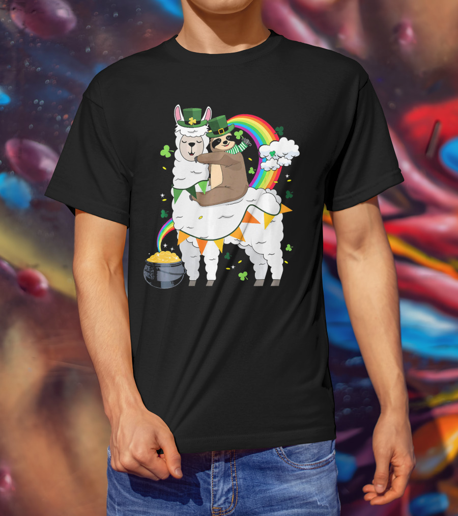 St. Patrick's Day Sloth Leprechaun With Rainbow And Gold On Llama T-Shirt