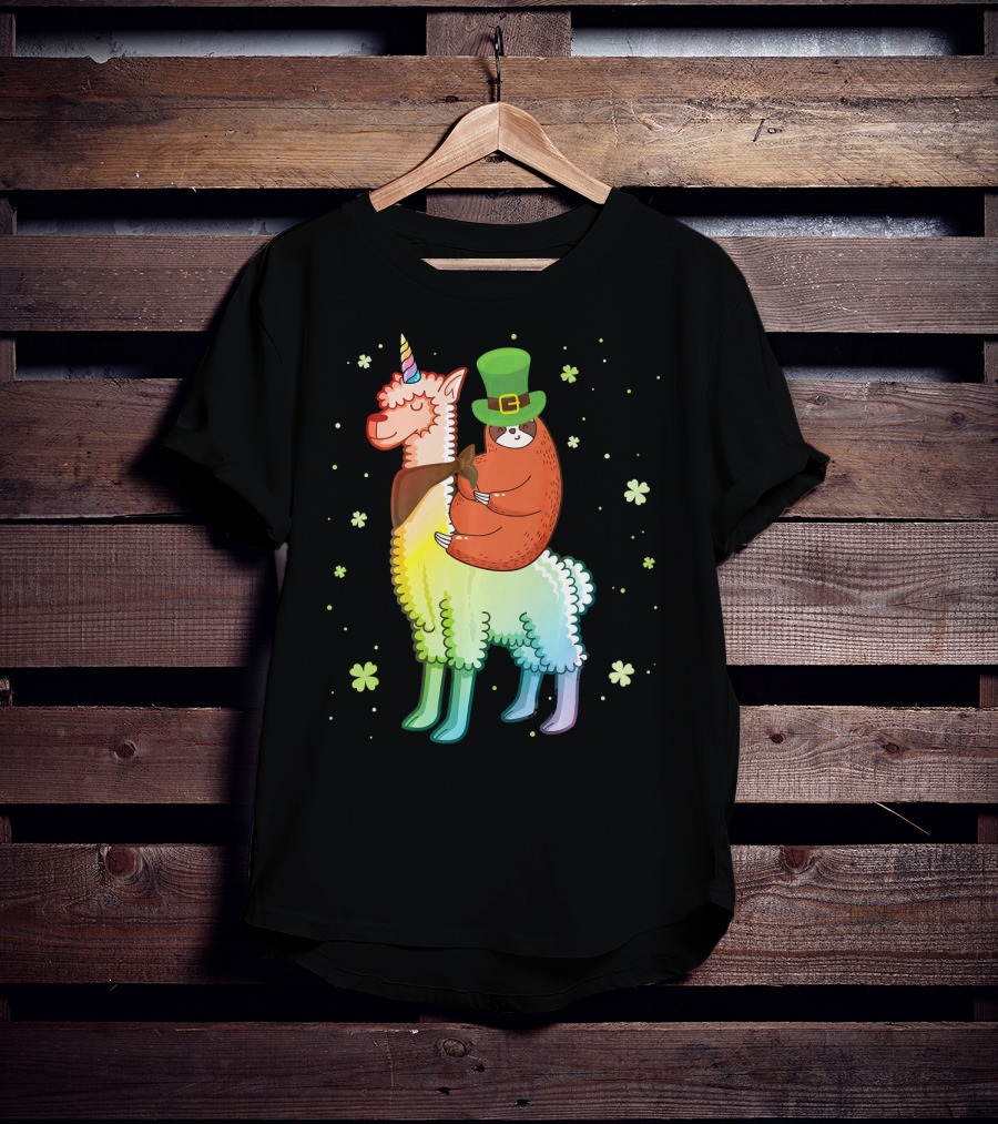 Cute Sloth Leprechaun Riding Rainbow Unicorn Llama With Shamrocks T-Shirt