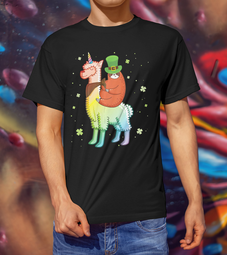 Cute Sloth Leprechaun Riding Rainbow Unicorn Llama With Shamrocks T-Shirt