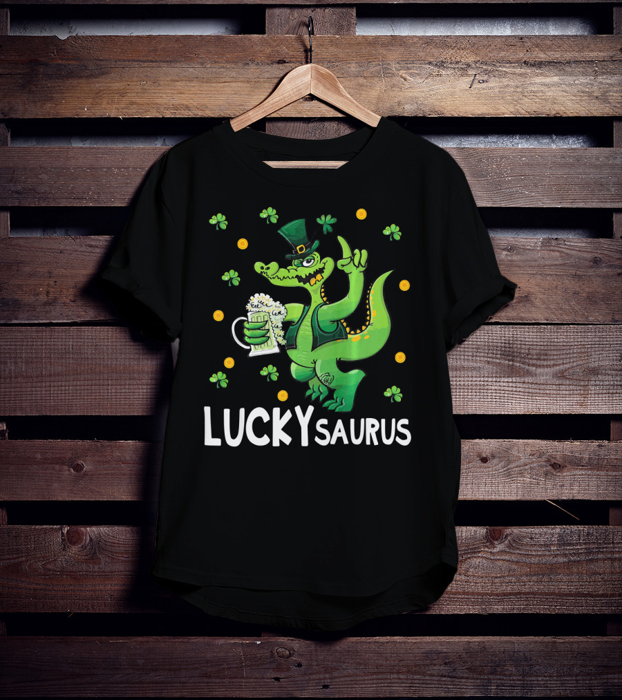 Luckysaurus Dinosaur Leprechaun Drinking Green Beer With Shamrocks And Coins T-Shirt