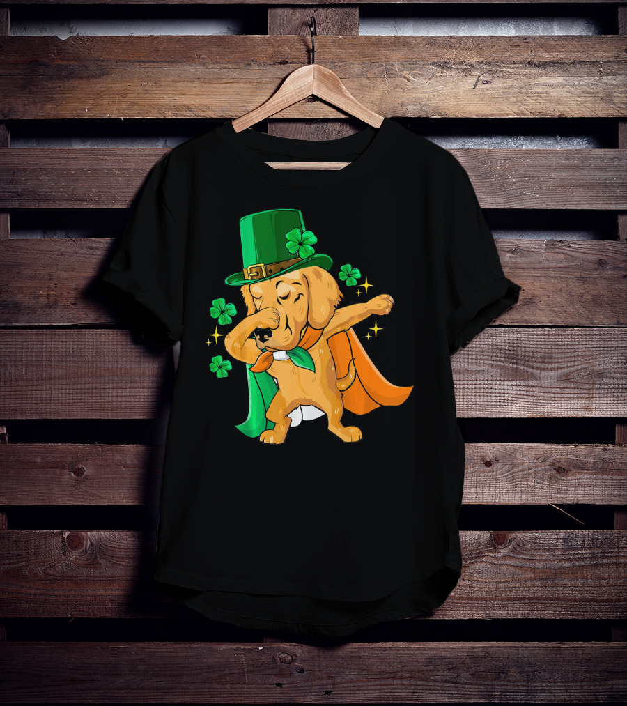 Golden Retriever Dabbing In Leprechaun Hat With Shamrock Cape T-Shirt