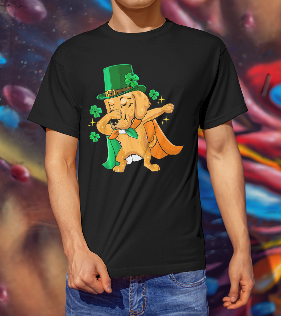 Golden Retriever Dabbing In Leprechaun Hat With Shamrock Cape T-Shirt