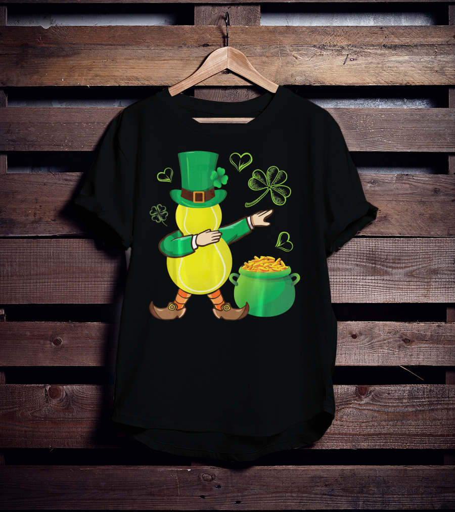 Tennis Leprechaun Dabbing With Gold Pot And Shamrocks T-Shirt