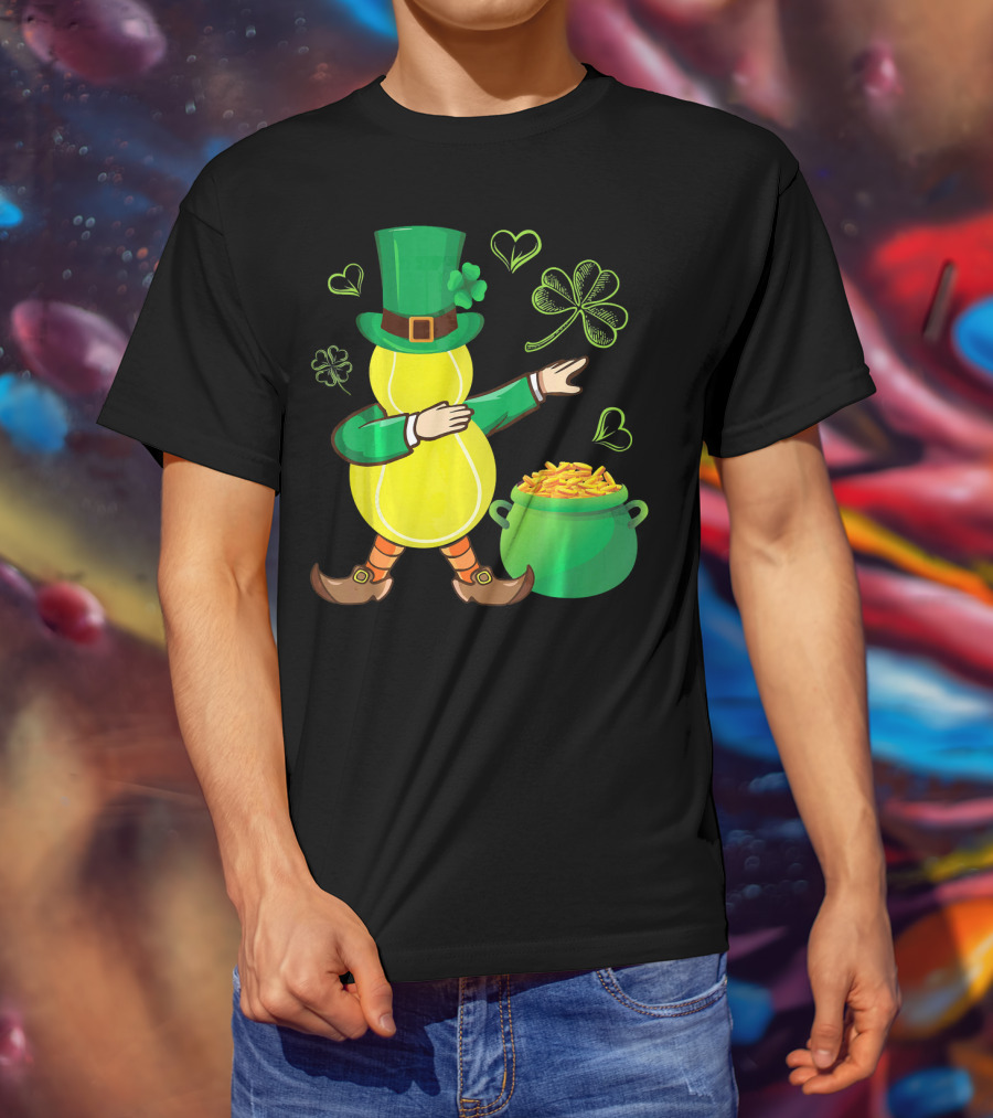Tennis Leprechaun Dabbing With Gold Pot And Shamrocks T-Shirt
