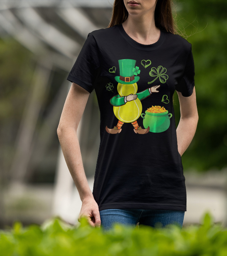 Tennis Leprechaun Dabbing With Gold Pot And Shamrocks T-Shirt