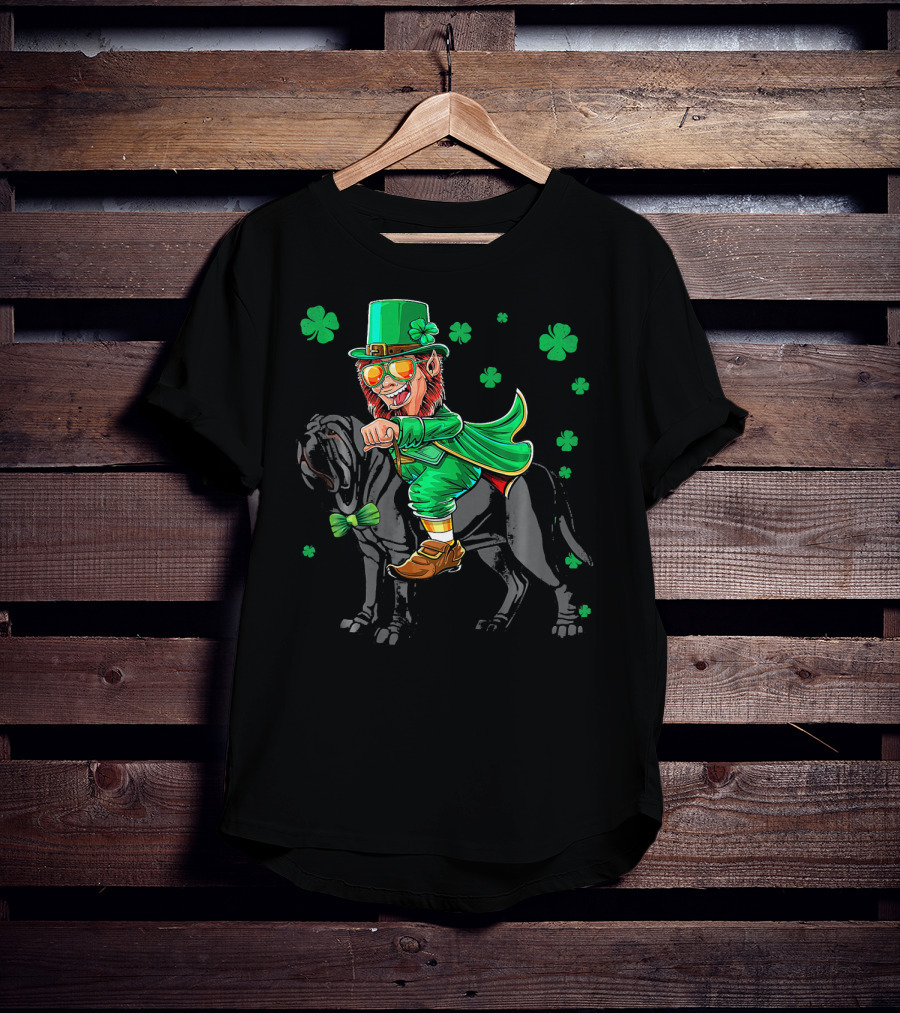 Leprechaun Riding Neapolitan Mastiff With Shamrock Accents T-Shirt
