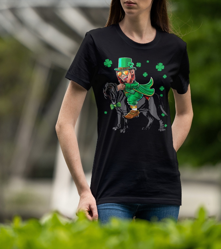 Leprechaun Riding Neapolitan Mastiff With Shamrock Accents T-Shirt