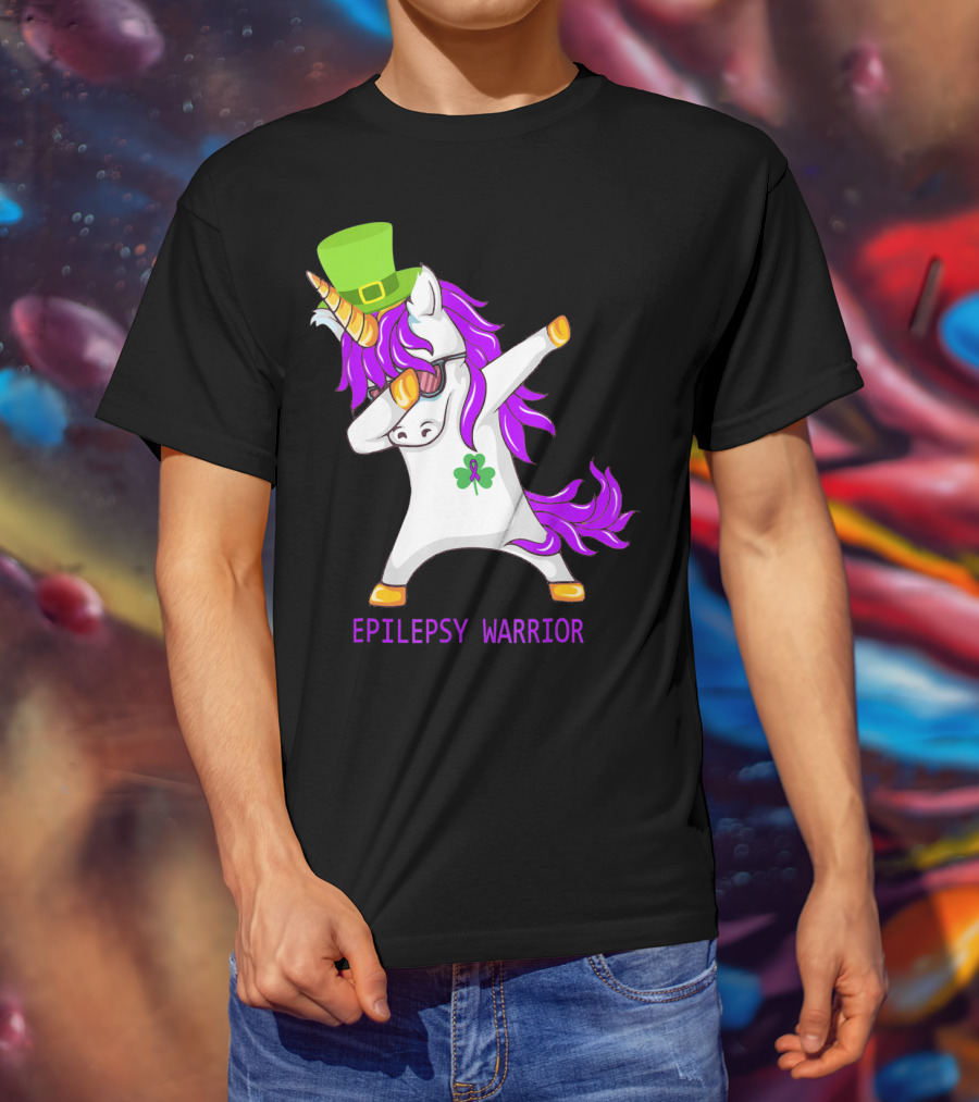 Unicorn Epilepsy Warrior Dabbing With Green Hat And Shamrock T-Shirt
