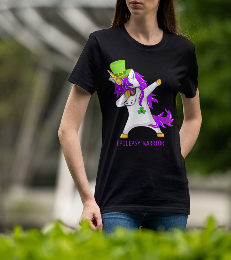 Unicorn Epilepsy Warrior Dabbing With Green Hat And Shamrock T-Shirt