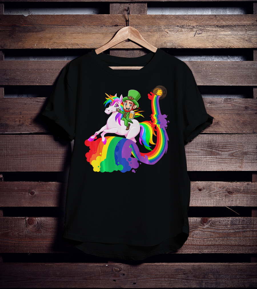 Patrick Leprechaun Riding Unicorn Rainbow With Beer And Pot Of Gold T-Shirt