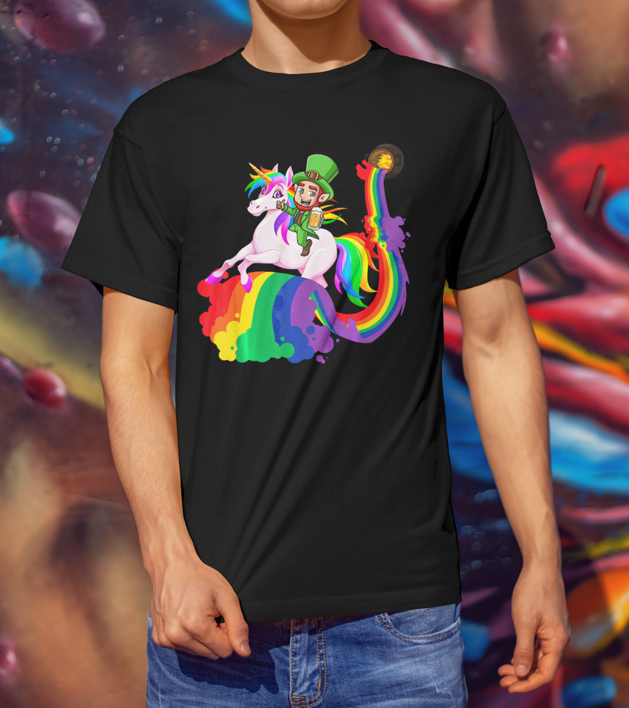 Patrick Leprechaun Riding Unicorn Rainbow With Beer And Pot Of Gold T-Shirt
