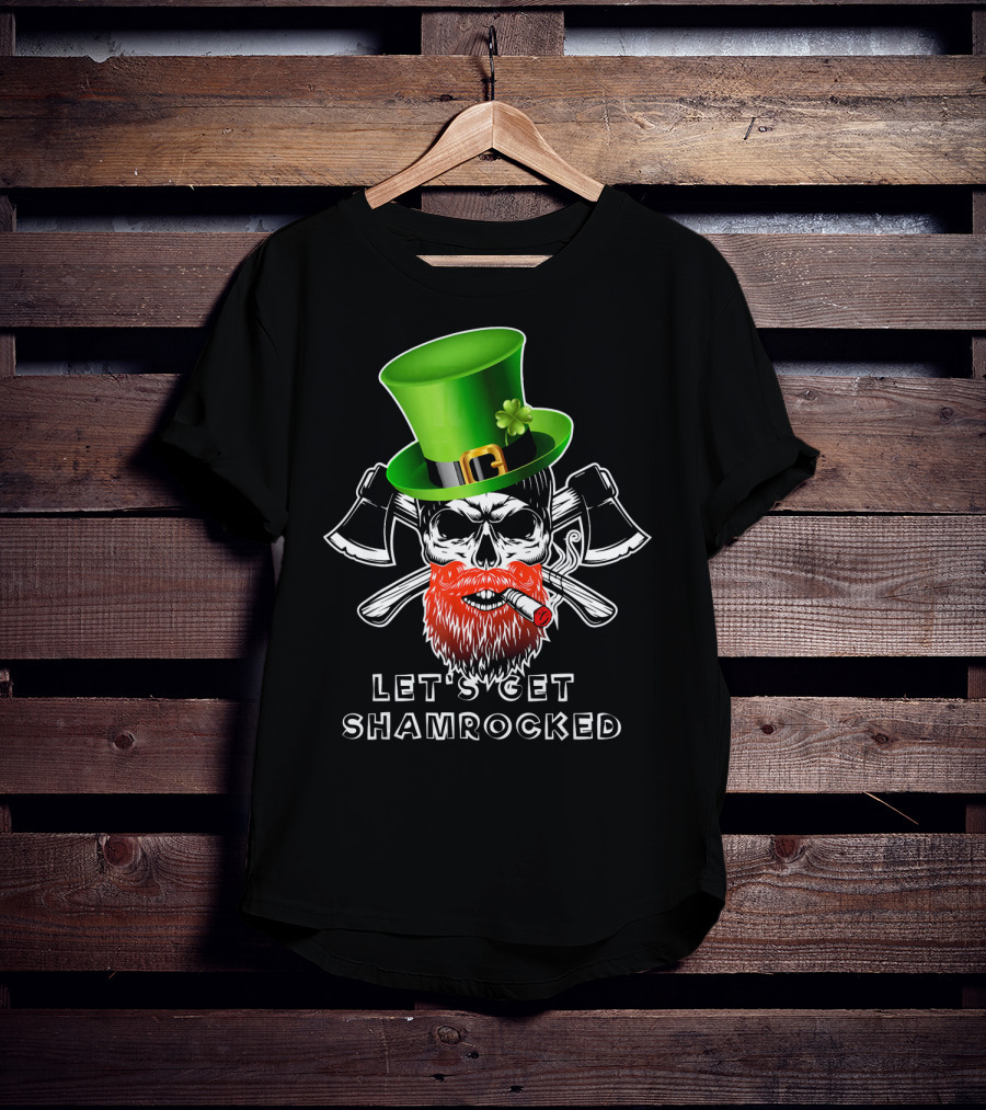 Let's Get Shamrocked St Patrick's Day Skull With Green Hat And Axes T-Shirt