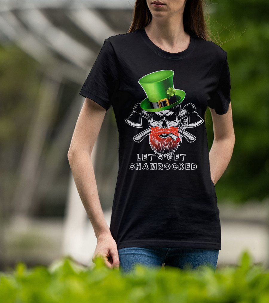 Let's Get Shamrocked St Patrick's Day Skull With Green Hat And Axes T-Shirt