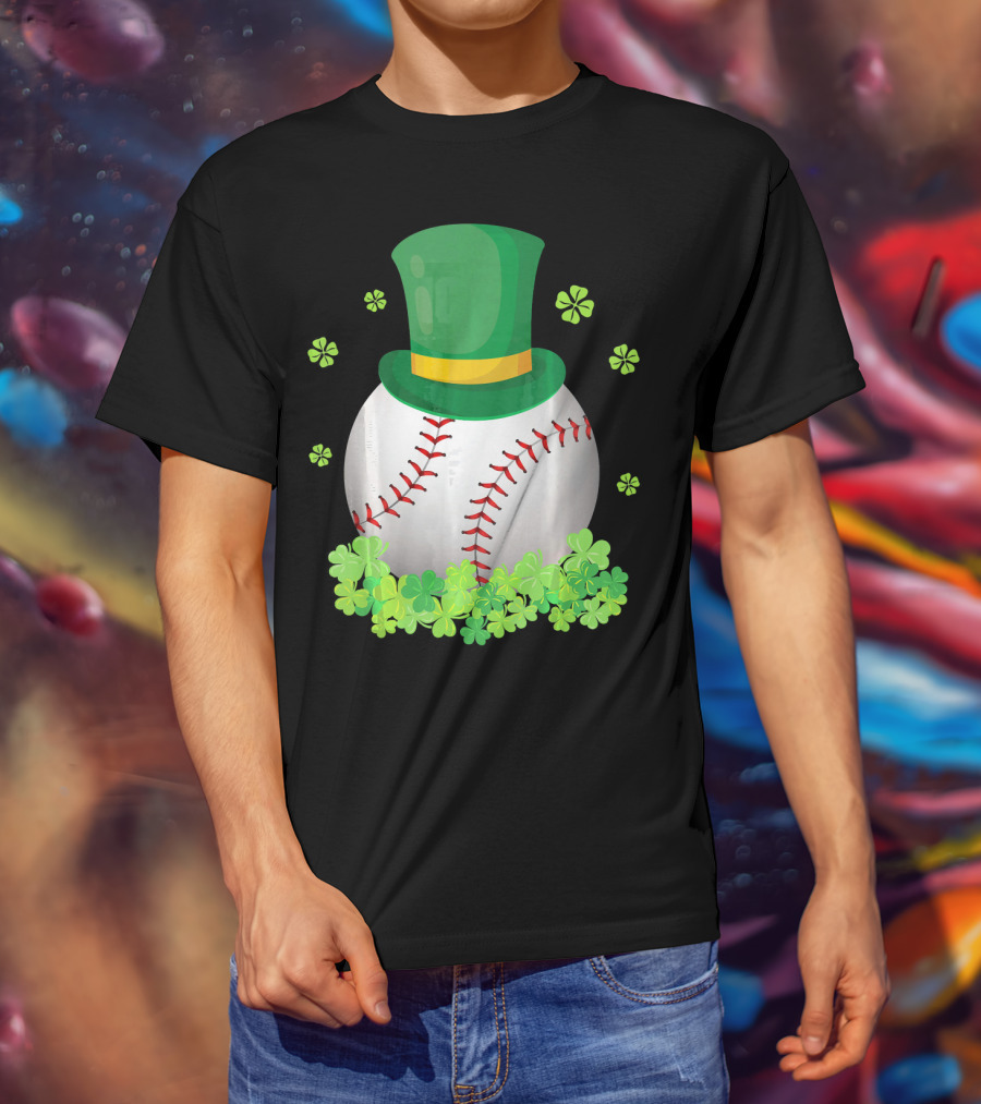 Baseball Leprechaun Hat With Shamrocks And Four-Leaf Clovers T-Shirt
