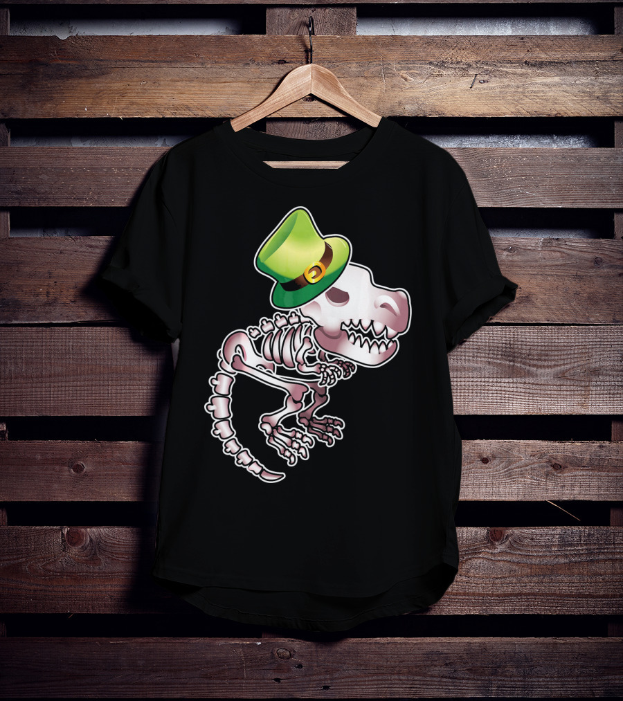 T Rex Dinosaur Skeleton With Green Leprechaun Hat T-Shirt