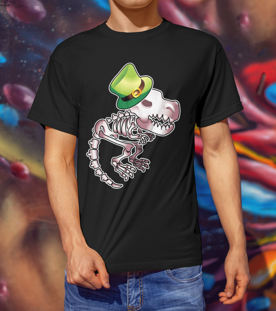 T Rex Dinosaur Skeleton With Green Leprechaun Hat T-Shirt