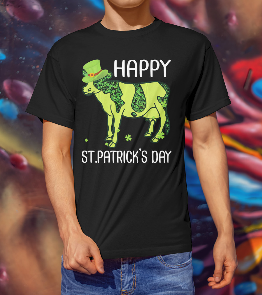 Happy St. Patrick's Day Shamrocks Cow Leprechaun T-Shirt