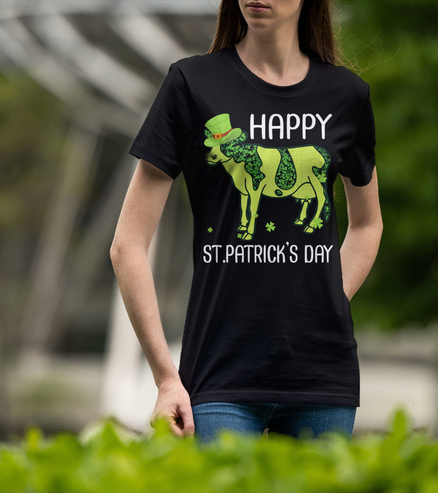 Happy St. Patrick's Day Shamrocks Cow Leprechaun T-Shirt