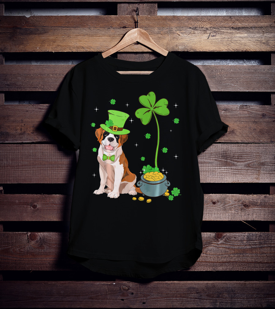 Shamrock Leprechaun Saint Bernard St Patrick's Day Dog Pot Of Gold T-Shirt