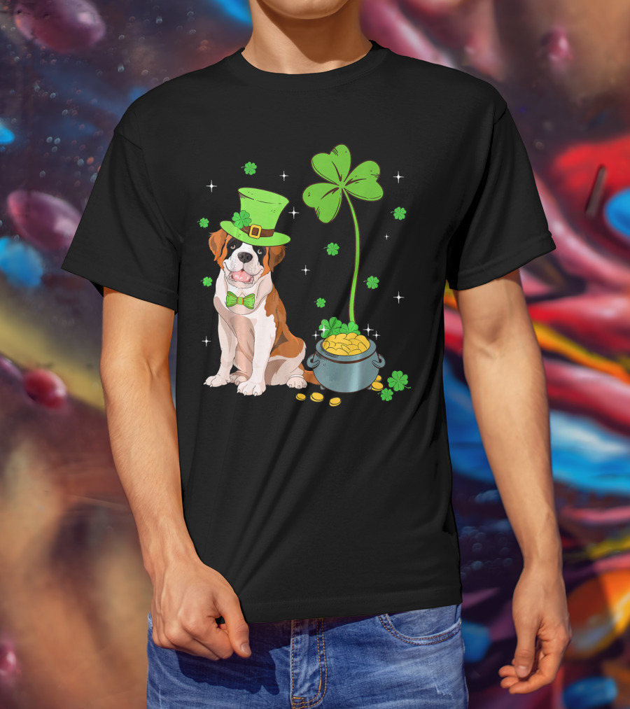 Shamrock Leprechaun Saint Bernard St Patrick's Day Dog Pot Of Gold T-Shirt