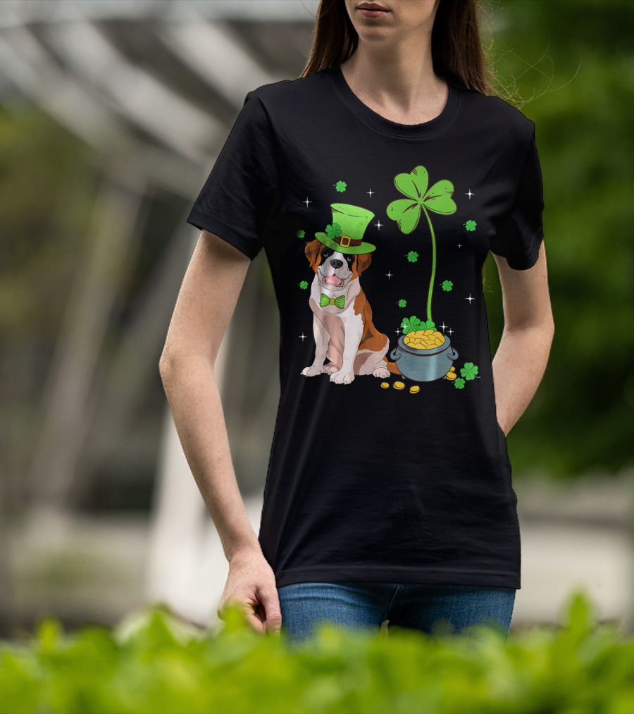 Shamrock Leprechaun Saint Bernard St Patrick's Day Dog Pot Of Gold T-Shirt