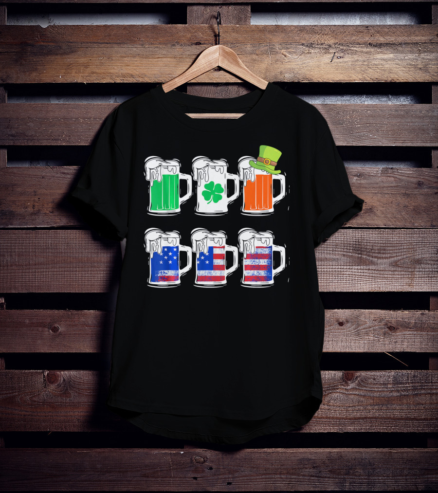 Saint Patricks Irish American Flag Beer Mug With Shamrock And Leprechaun Hat T-Shirt