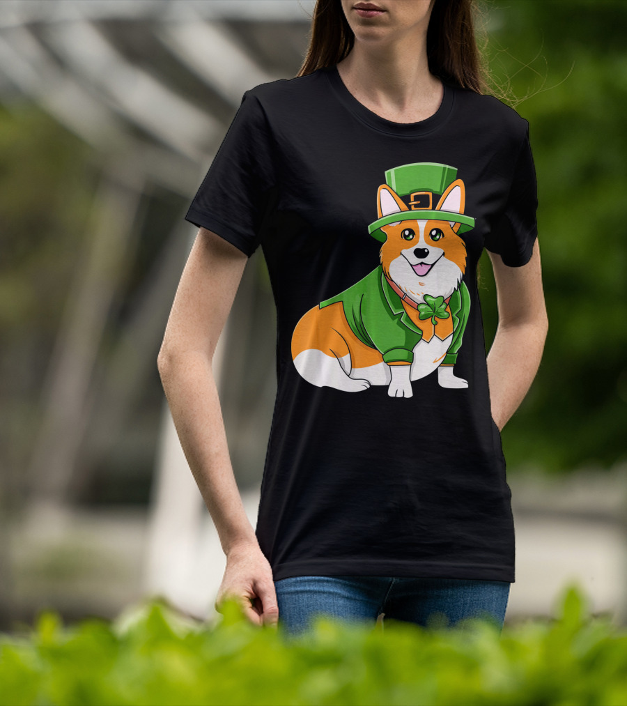 St Patricks Day Corgi Irish Dog In Leprechaun Hat And Green Suit T-Shirt
