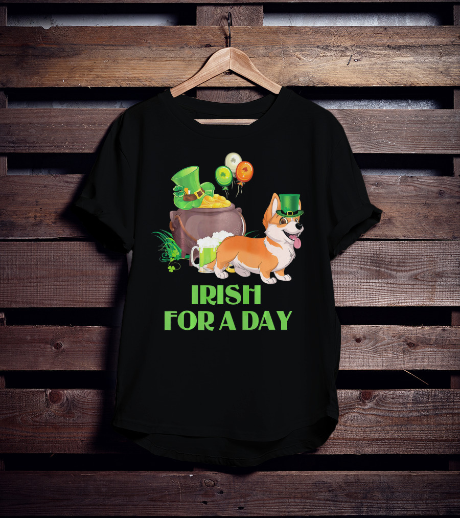 Irish For A Day Welsh Corgi Dog Leprechaun Pot Of Gold Balloons T-Shirt